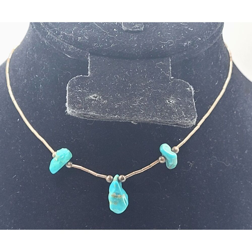 Native American Raw Turquoise Liquid Sterling Silver Necklace 4.4g 13.5in